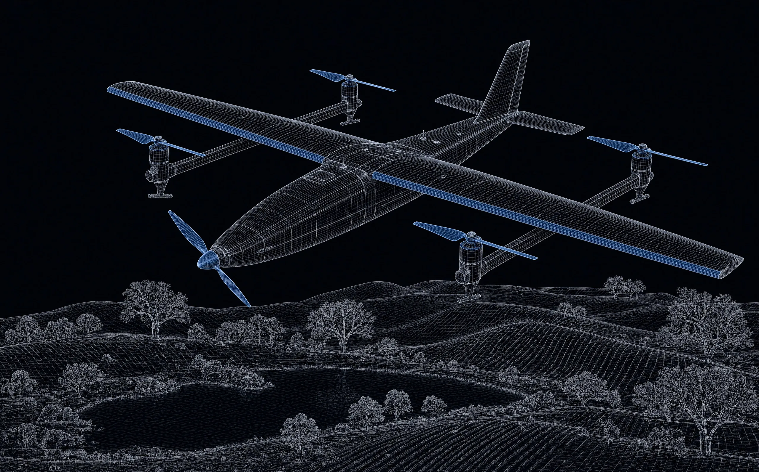 Ілюстрація: VTOL-літак із прямим крилом, тягнучим гвинтом у носі, класичним хвостом і двома балками з чотирма підйомними гвинтами над пагорбами зі ставком.
