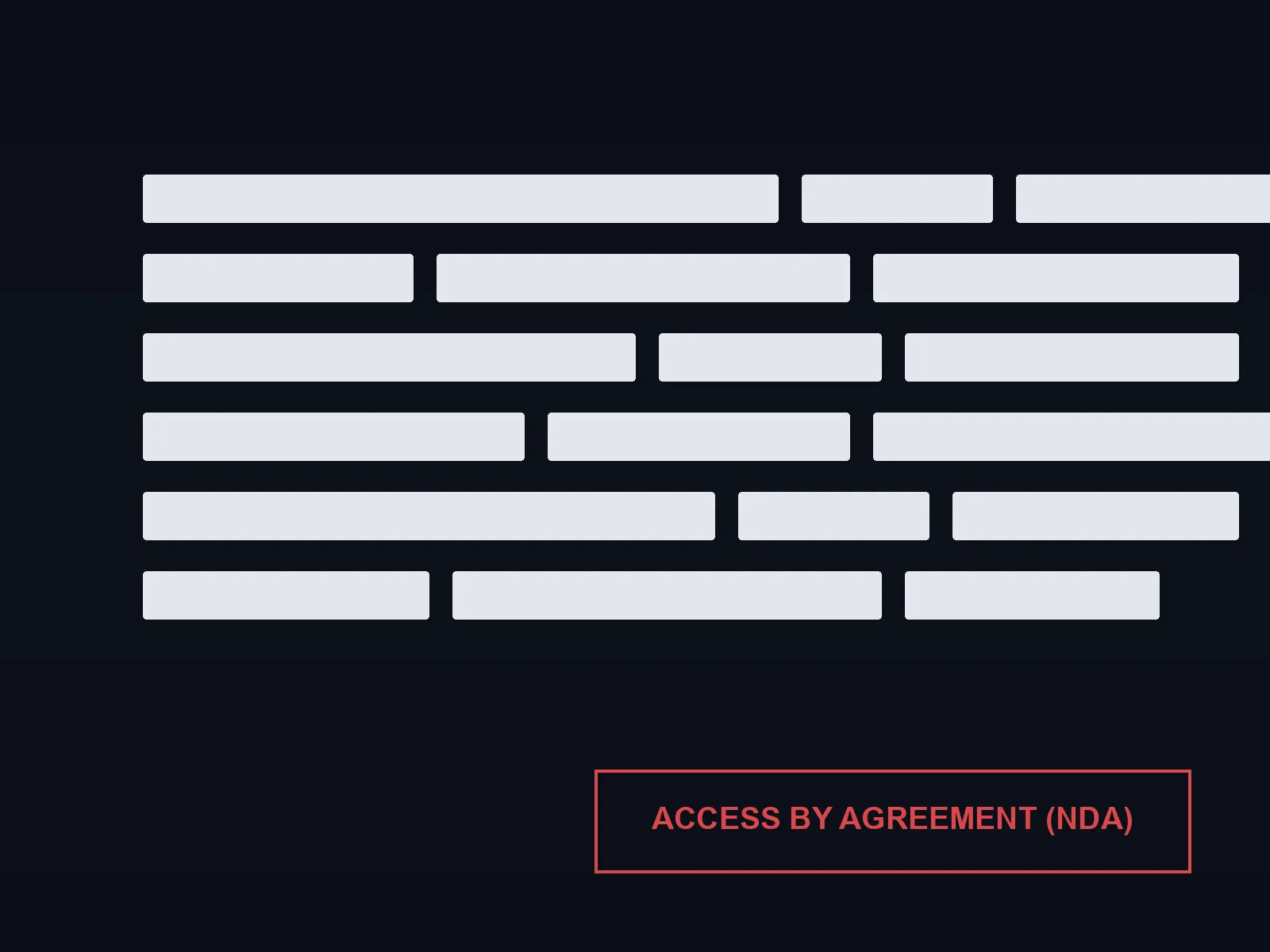 Placeholder cover graphic: rows of grey blocks standing in for withheld text on a dark background, above a red-outlined box reading "ACCESS BY AGREEMENT (NDA)". Not a screenshot of the software.