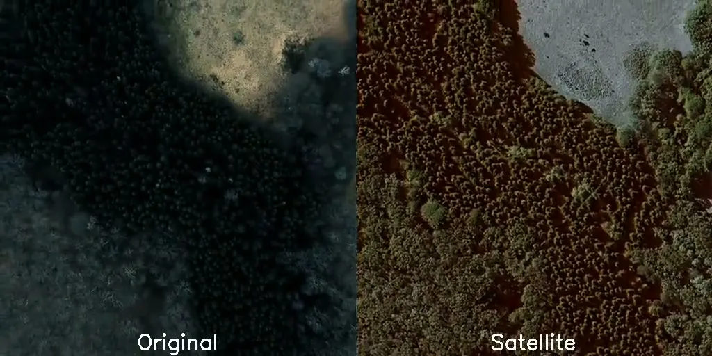 A frame from the recorded GPS-denied navigation demo, split down the middle: on the left the view from the drone's onboard camera, labelled "Original"; on the right the matching tile from the satellite reference, labelled "Satellite".
